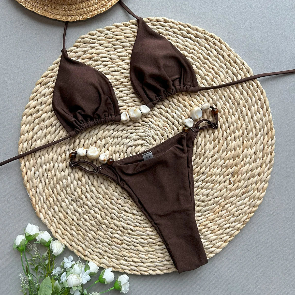 Shiny Halter High Leg Cut Beads Bikini Women Swimwear Female Swimsuit Two-pieces Bikini Set Padded Bather Bathing Suit Swim Lady