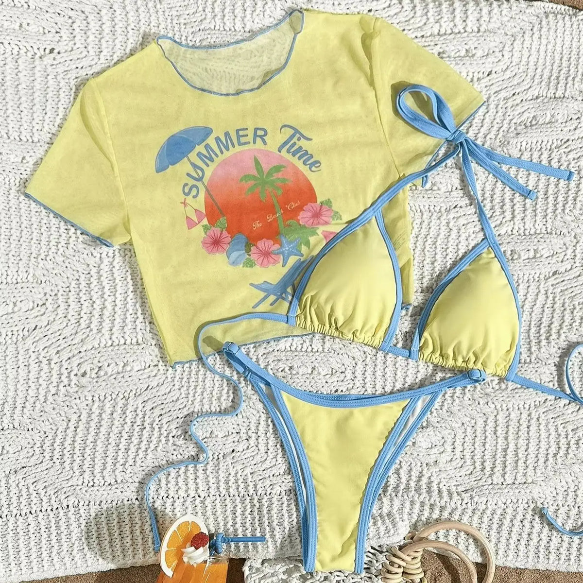 DEKA Women S -XL Printed Short Sleeve Bikini Female Swimsuit Yellow Swimwear Three-Pieces Bikini Set Bather Bathing Suit Swim