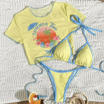 DEKA Women S -XL Printed Short Sleeve Bikini Female Swimsuit Yellow Swimwear Three-Pieces Bikini Set Bather Bathing Suit Swim