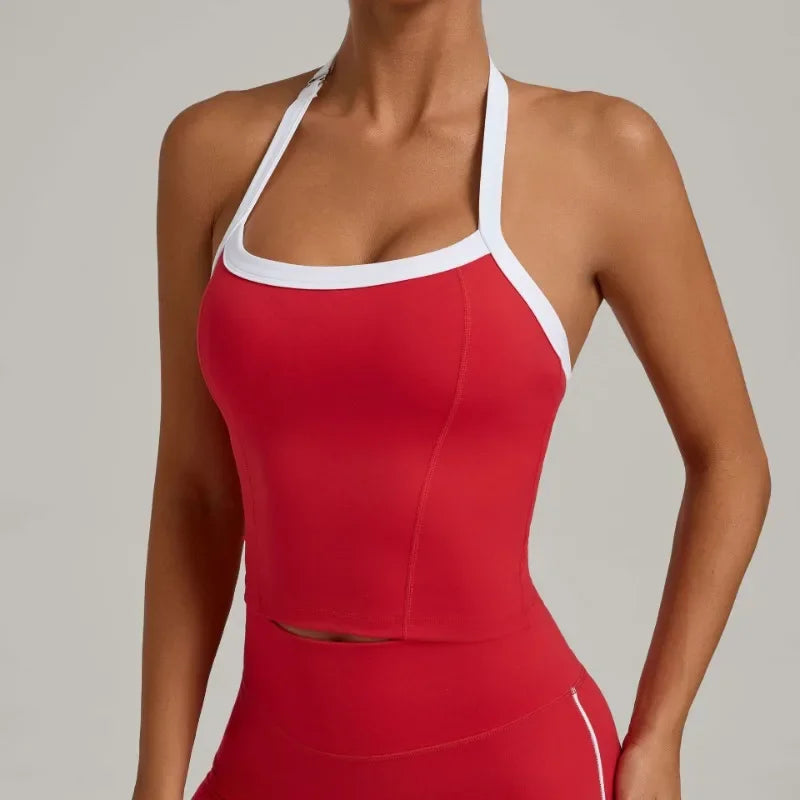 Women's Seamless Yoga Tank Top - Adjustable HALTER Neck & Quick-Dry Fitness Shirt Color Block Running Sports Gym Workout Top