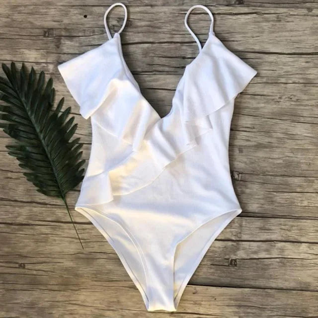 S - XXL Sexy Ribbed Ruffled One Piece Swimsuit Women Swimwear Female Monokini High Cut Bather Bathing Suit Swim Wear Bodysuit