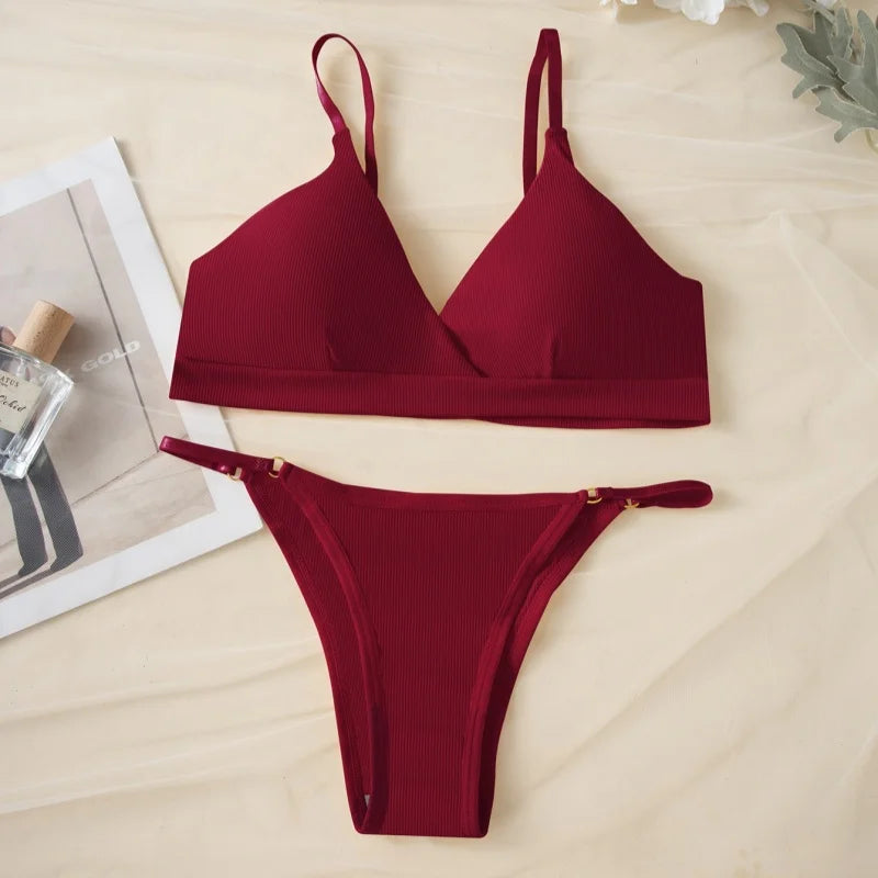 Women Ribbed Triangle Bra And Panties Set Wireless V Neck Thin Strap Bra Low Waist Briefs Ladies Removable Pads Lingerie Set