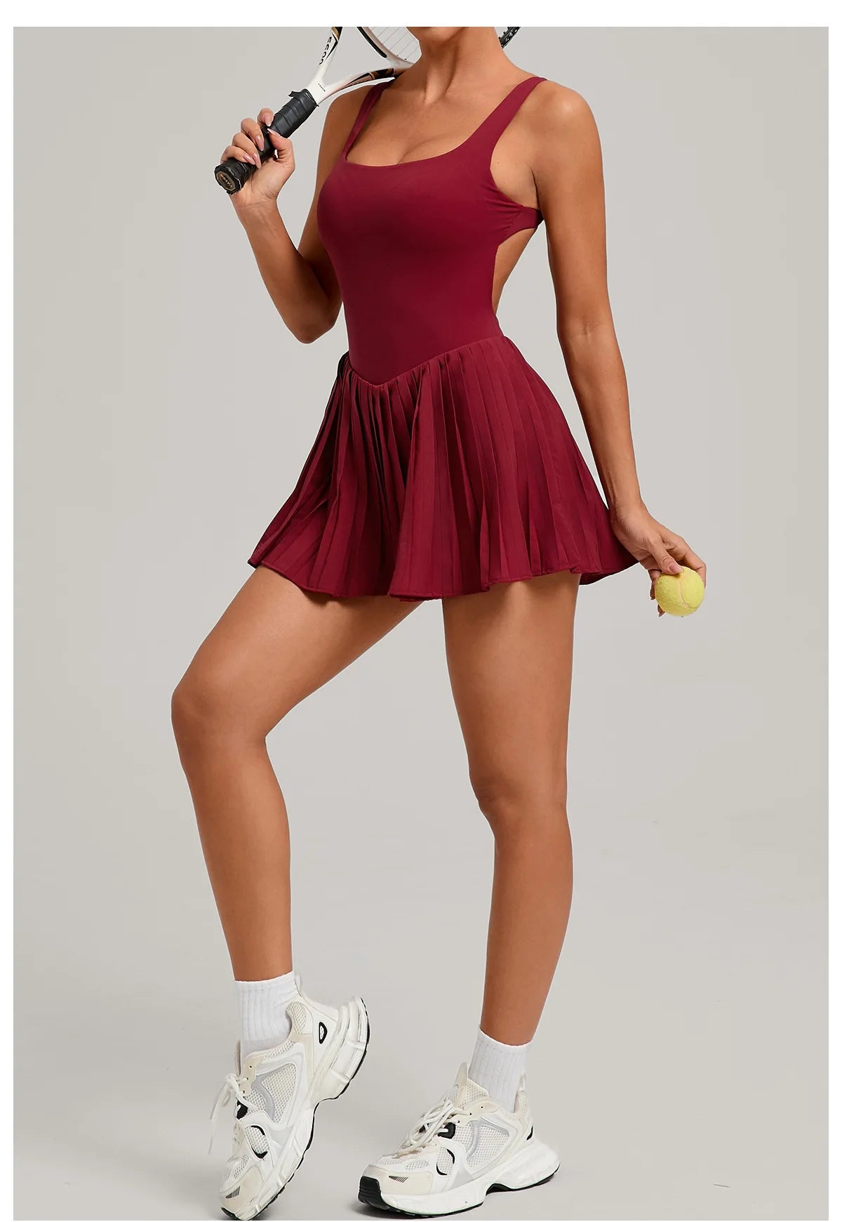 New Large Backless Tennis Dresses Women Solid Color Sleeveless Glare Pleated Yoga Skirt with Pocket Shorts Running Fitness Dress