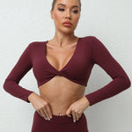 Long Sleeve Gym Crop Tops for Women Twist Deep V Workout Quick Dry Padded Sports Fitness Yoga T-Shirt