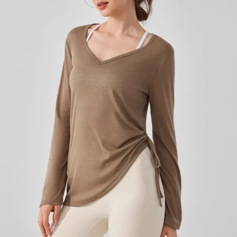 Women's Yoga Sports T-Shirt Drawstring Light Thin Loose Fit Irregular Hem Long Sleeve Fitness Cover Shirt