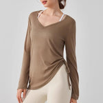 Women's Yoga Sports T-Shirt Drawstring Light Thin Loose Fit Irregular Hem Long Sleeve Fitness Cover Shirt
