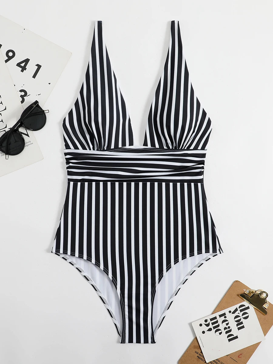 2026 Striped One Piece Swimsuit Vintage Swimwear Women V-neck Bathing Swimming Suit Female Summer Beachwear Bodysuit