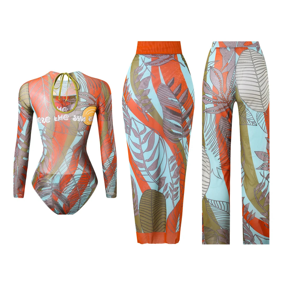 S - XXL 3PCS New Printed Long Sleeve With Pants Sarong Women Swimwear One Piece Swimsuit Female Bather Bathing Suit Swim V7180