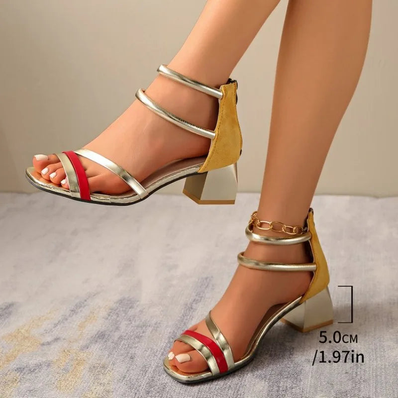 2026 New Summer Women's Pumps Elegant Strap Solid Color Square Toe High Heels Open Toe Fashion Sexy Banquet Women's Shoes