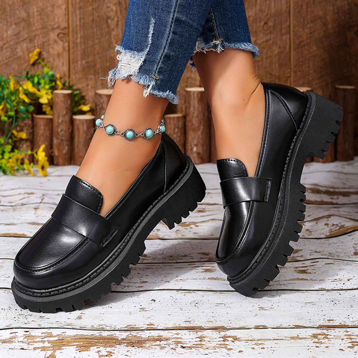 Women Penny Platform Loafer Shoes Slip On Chunky Lug Sole Round Toe Vintage Preppy Office Casual Dress Shoes