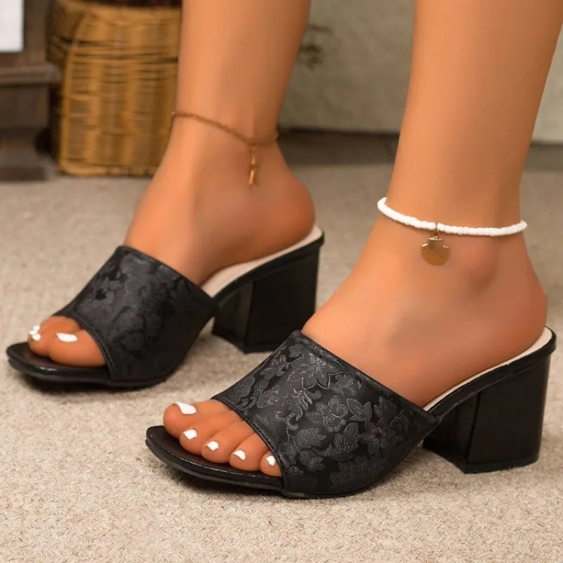 Large Size High Heels Women's Summer New Fashion Outdoor Wear Stone Pattern Square Head Thick Heel Sandals PU Leather TPR Sole
