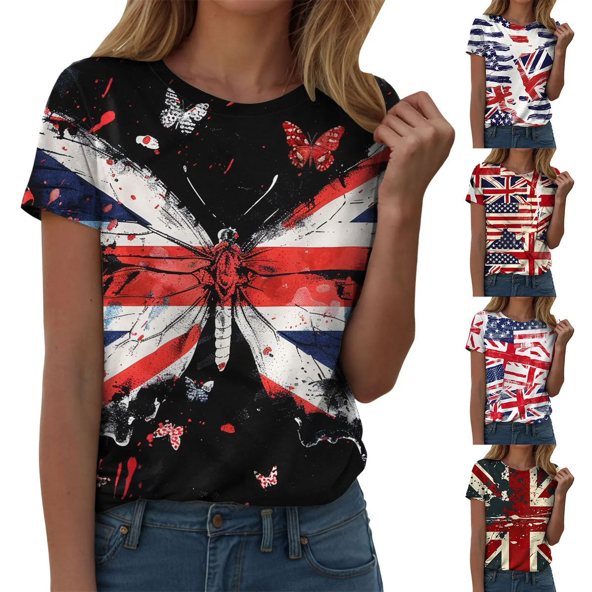 Women's British Flag Print T-Shirt Casual Round Neck Short Sleeve T Shirts Uk United Kingdom Women Vintage Tees Tops Clothing