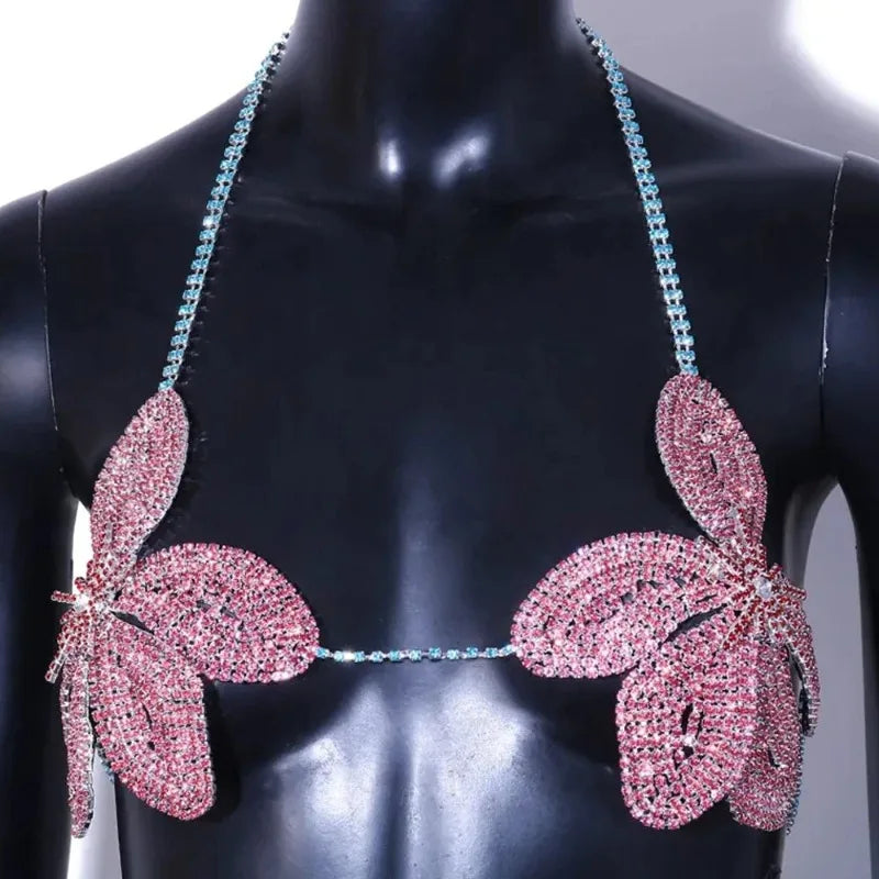 Exaggerated Crystal Flower Chest Chain Lingerie Women Accessories New in Summer Top Rhinestone Body Jewelry Bra Bikini Clothing
