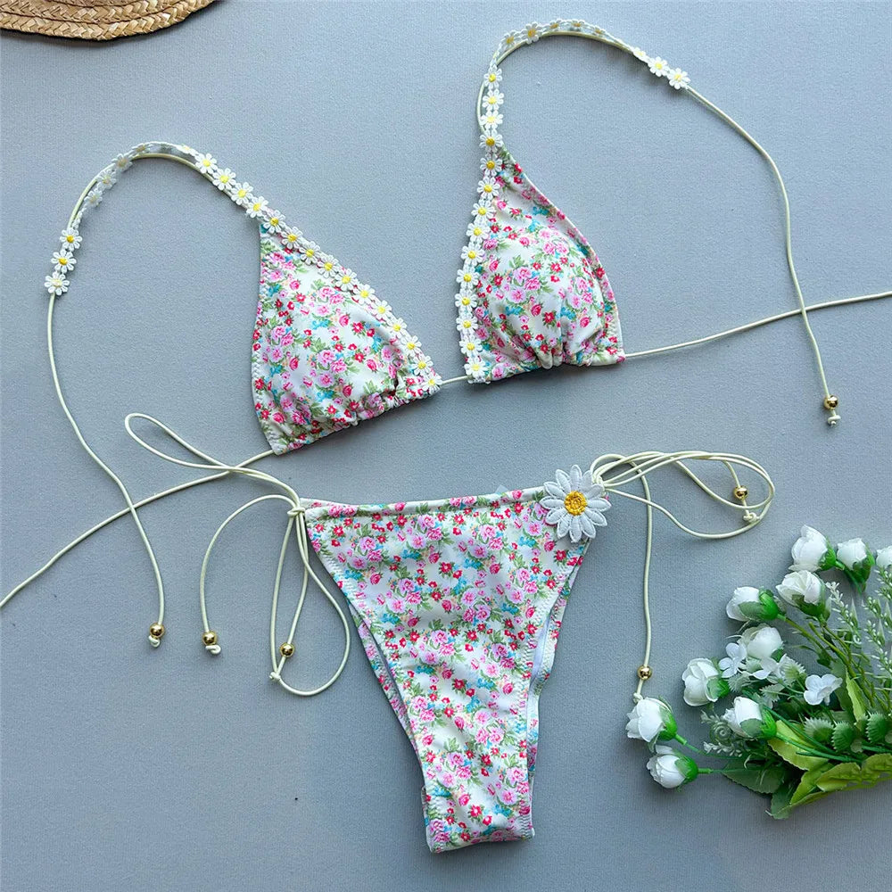 Beige Floral Print Micro Thong Bikinis Sets 3 Pieces Cover Ups Sexy Swimsuit String Halter Triangle Swimwear Holiday Biquinis
