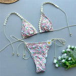 Beige Floral Print Micro Thong Bikinis Sets 3 Pieces Cover Ups Sexy Swimsuit String Halter Triangle Swimwear Holiday Biquinis