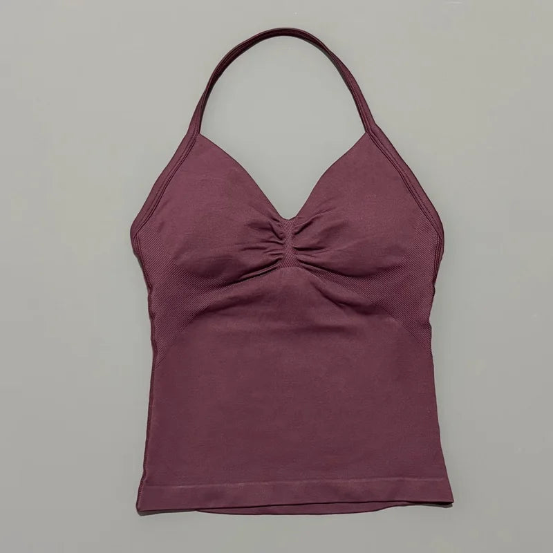 HISTELLO GYM Longline Strappy Top Women Seamless Yoga Clothing With Removable Pads V Neck Open Back Bra Workout Sports Halter