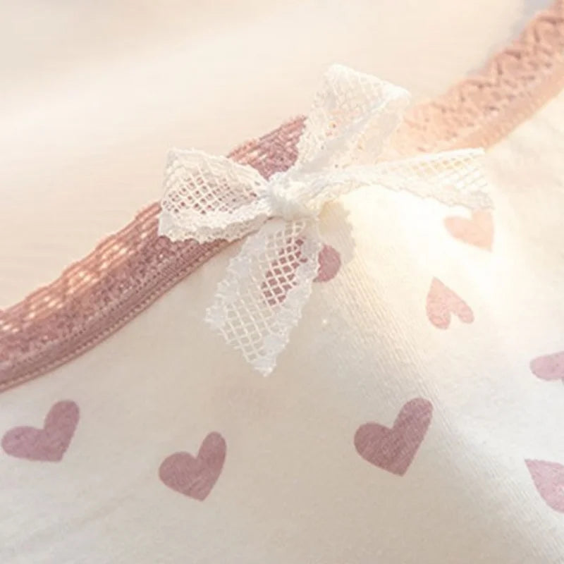 1 Pack Women's Cute Lace Trim Cotton Underwear Bow & Heart Print Briefs Sweet Style Lingerie M-XL Breathable Daily Panty