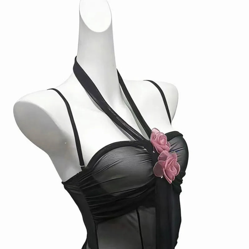 Sexy Transparent Dress Backless Deep V Suspenders Sleeveless Hanging Neck Flower Dress Mesh Pure Desire Casual Style Dress QFZO
