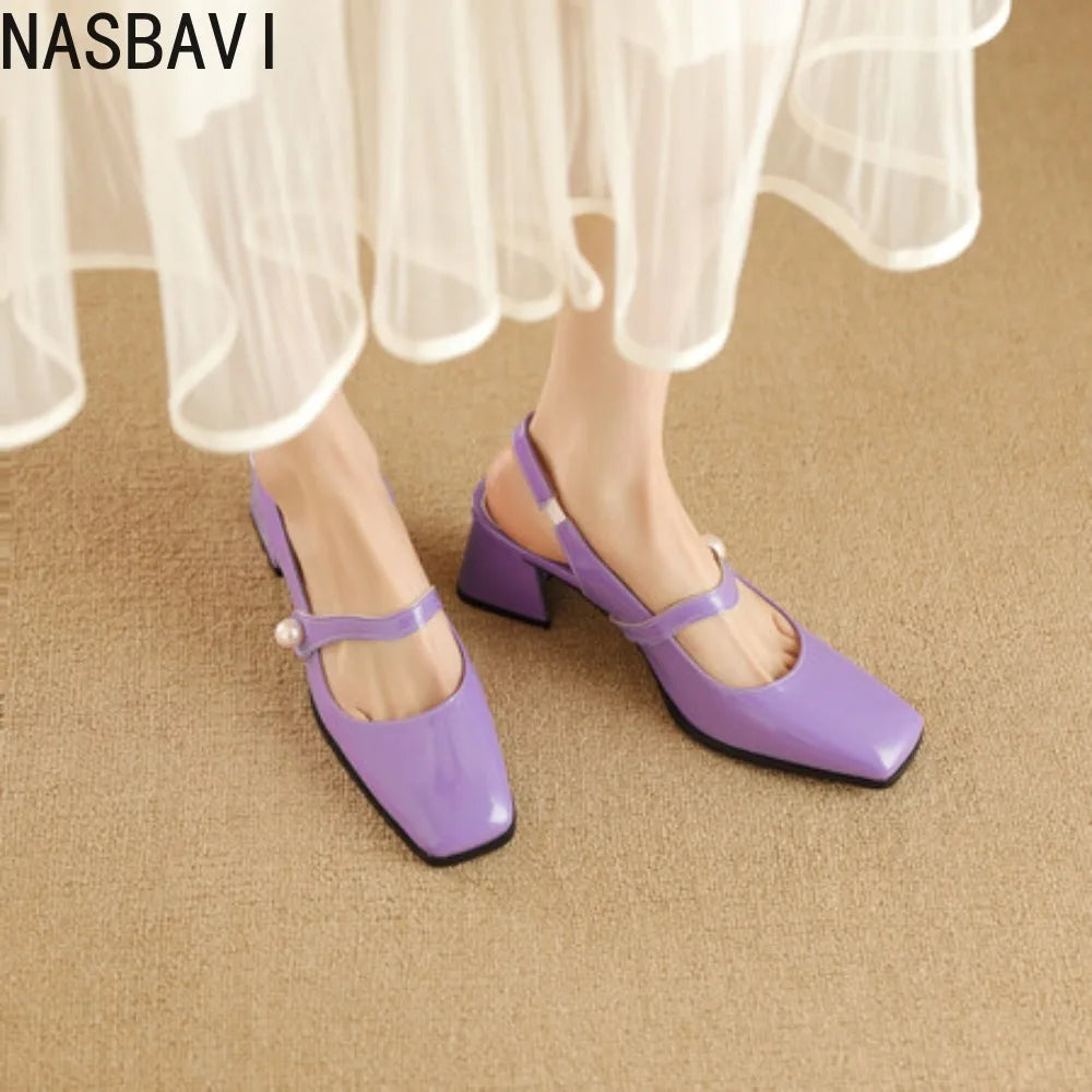 Elegant Slingback Sandals Women Summer Shoes Pink Black Silver Medium Heels Close Toe Office Party Shoes Female Large Size 45
