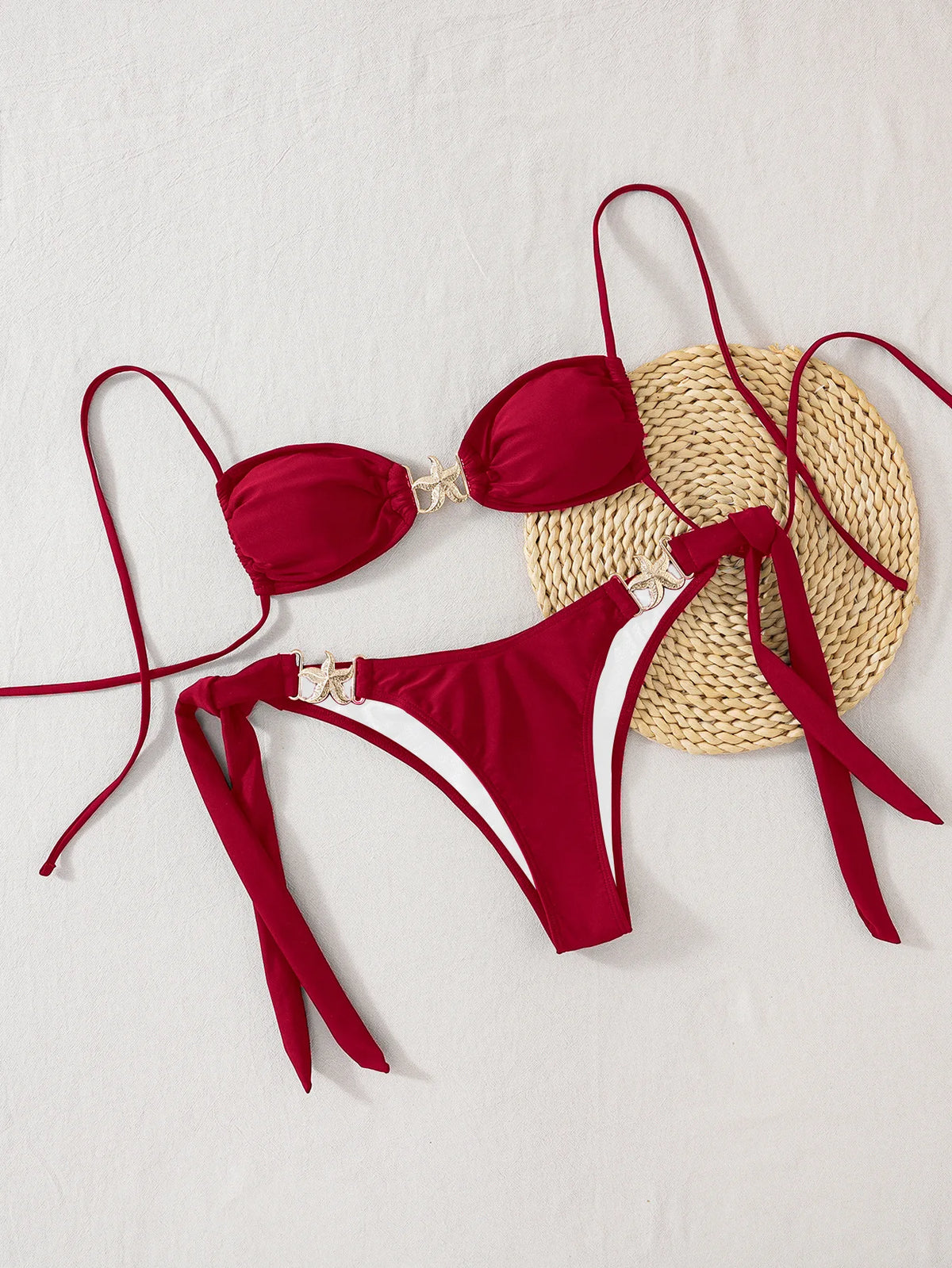 New Sexy Women's Bikini Set - Adjustable Tie Side Bandage Triangle Top & Low Rise Bottom with Starfish Metal Drawstring Summer