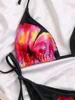Vintage Black Floral Print Bikini Set 2026 Women Short Sleeve Cover Up 3 Piece Swimsuit Holiday Bathing Suit Triangle Swimwear