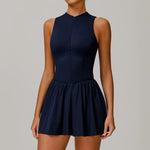 Women Front Zipper Tennis Dress Fake Two-piece Pieces Stand Up Collar Slim Fit Soft Sports Sets Fitness Pocket Skorts Yoga Suits