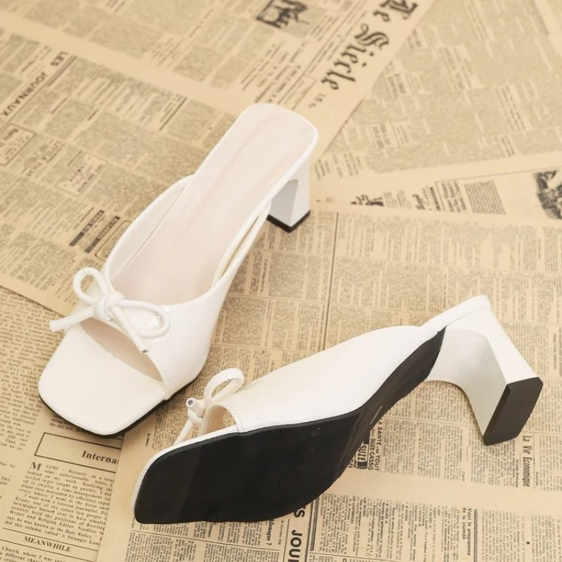 Sexy high heels slippers 2026 summer new luxury brand square heel sandals women's bow slim slippers women's shoes large size