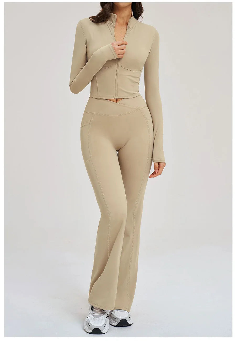 2PCS Yoga Set Gym Clothes Sportswear Seamless Women Fitness Long Sleeved Tracksuits Sports Workout Gym Flared Leggings Athletic