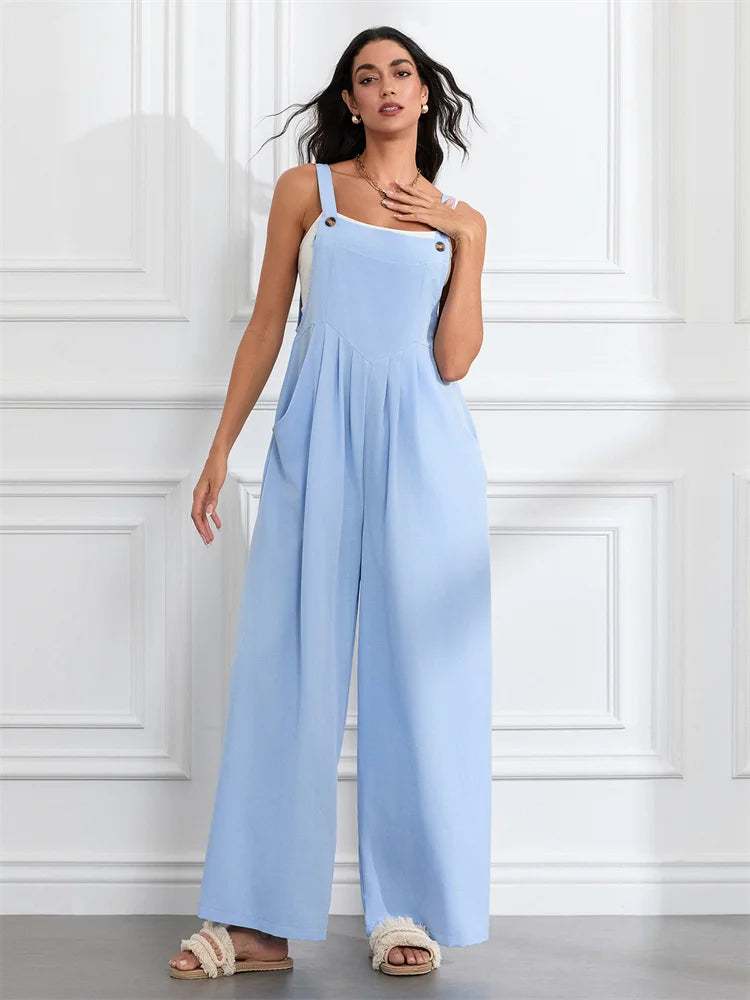 Women Fashion Jumpsuits Sleeveless Buttons Suspender Wide Leg Pant Overalls with Pockets Casual Loose Romper Streetwear