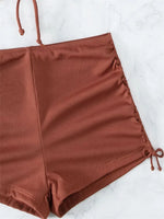 Sexy Ring Linked Pleate Bikini Set Women Brown Cut Out Push Up Two Piece Swimsuit 2024 Bathing Suit High Waist Panties Swimwear