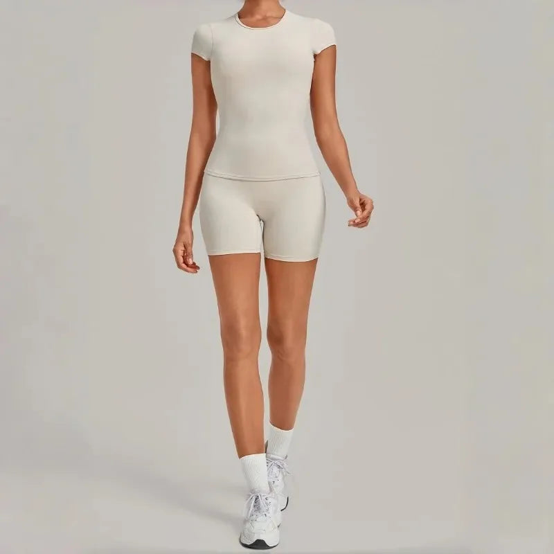 Women's Seamless Yoga Sets Sports Fitness Workout Hip-lifting High Waist Shorts Backless Short-sleeve Vest Suit Gym Training Set