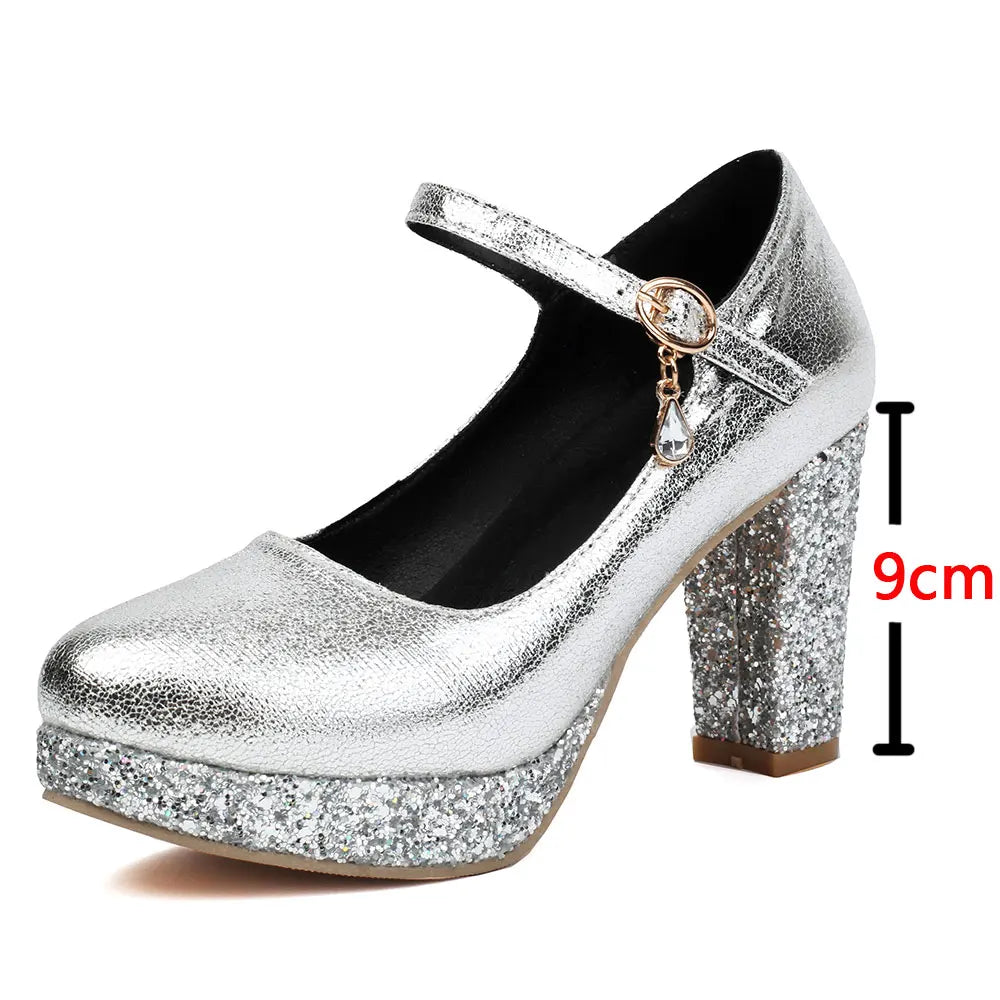 Plus Size 33-47 Metallic Gold High Heels Party Pumps Red Platform Heels Glitter Sequined 9cm Height Silver Wedding Shoes Women