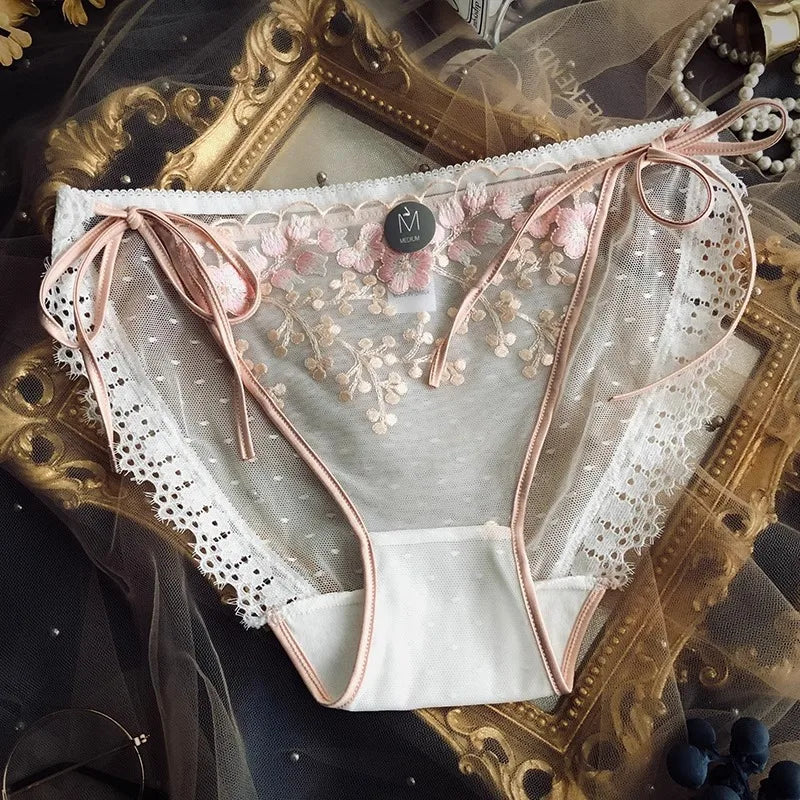 Lace-up Briefs Transparent Lace Panties Women Lingerie Sexy Underwear Low Waist Ropa Mujer Floral Embroidery Lenceria Femenina