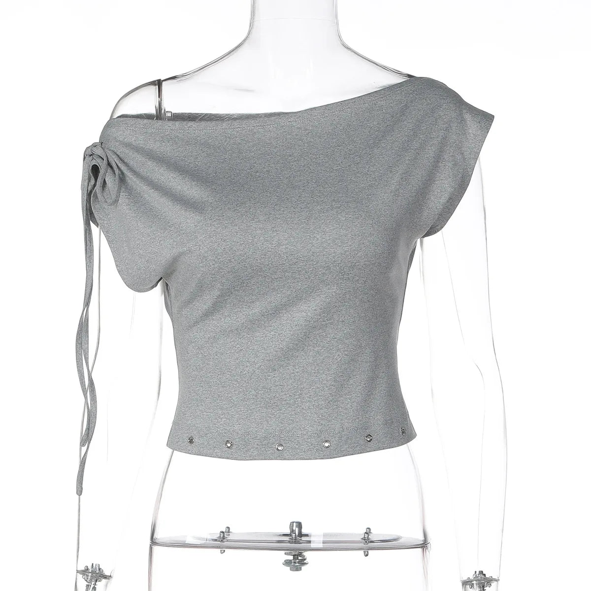 FDYOUI Women's Diagonal Collar Gray T-shirts Y2K Female Off Shoulder Lace-up Holes Cropped Tops Casual Black T Shirt Streetwear