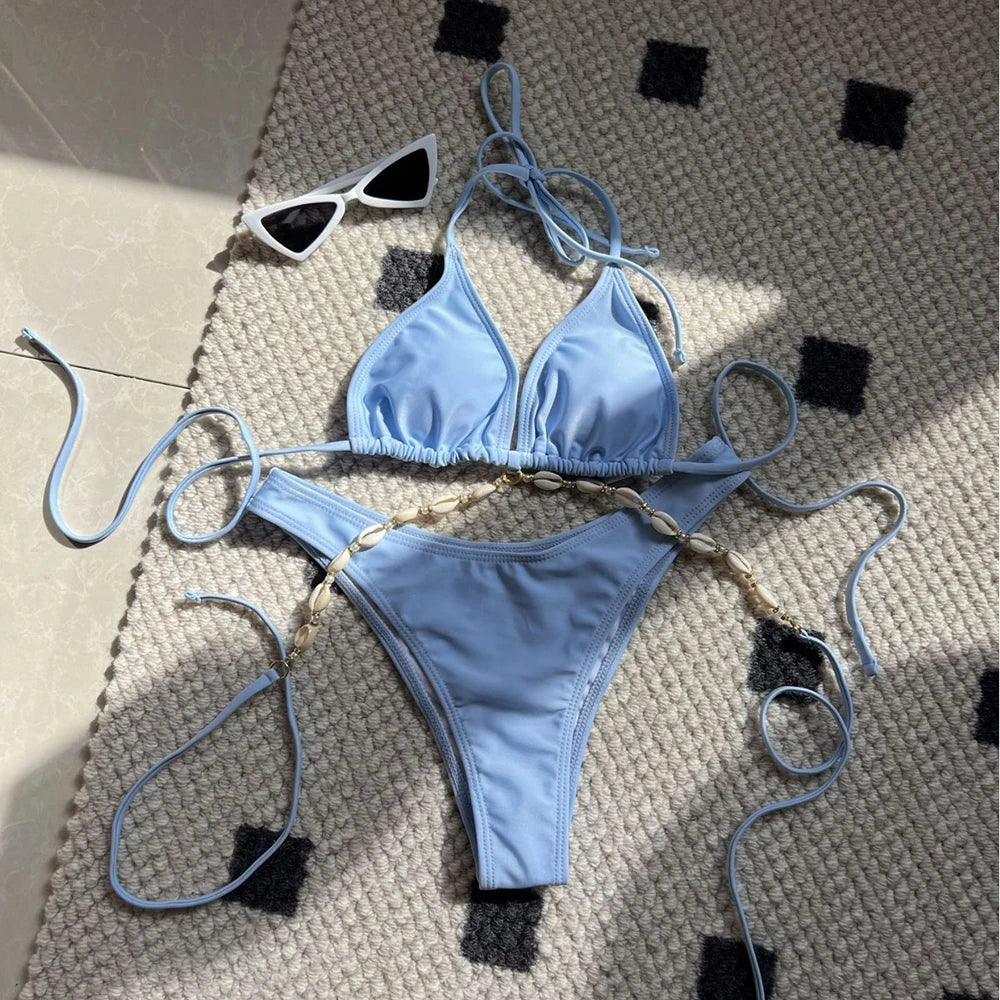 Sexy White Shell String Halter Triangle Bikini Set Women Swimwear Micro Thong Swimsuit Bathing Suit Mini Bikinis 2026 Mujer Swim