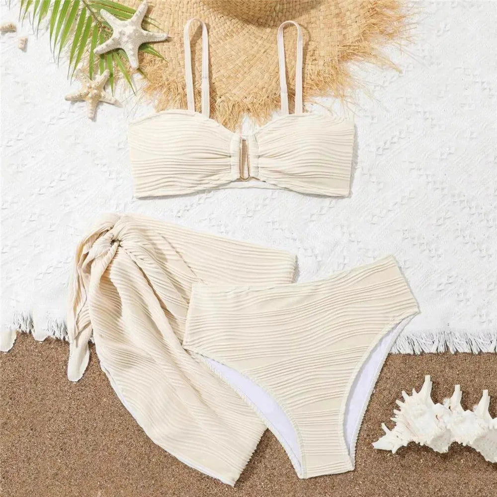 Beige Texture Solid Swimwears 3 Piece Bikini Set Cover Ups U Shapped Sexy Swimsuit Women 2026 Bathing Suit High Waist Bikinis
