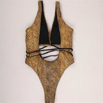 Sexy Gold Snake Print Shiny Swimwear Cut Out Monokini One Piece Swimsuits Women 2025 String Cross Bathing Swimming Suit Bodysuit