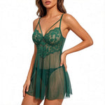 A set Net fabric see-through deep V nightgown thong set - emerald green floral lace strapless fitted sexy nightgown set ZA825096