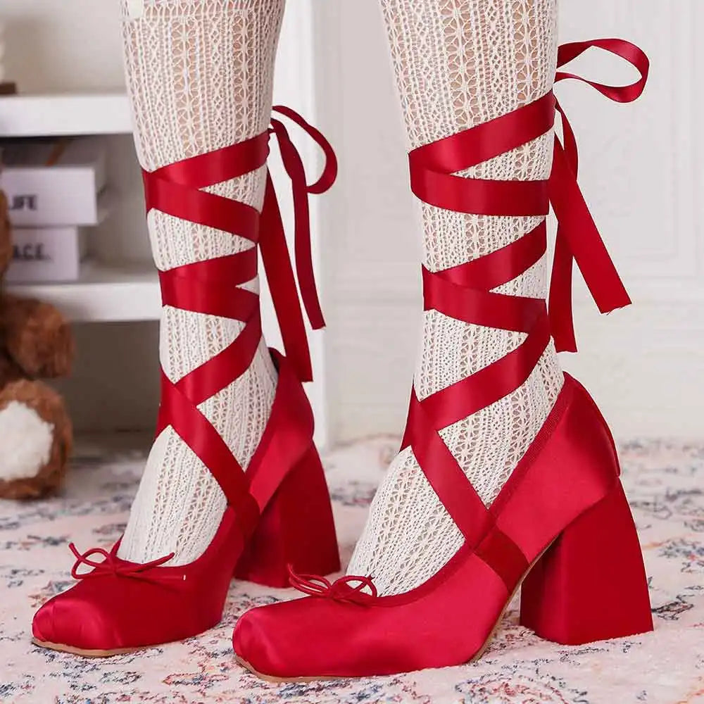 2026 Big Size 43 Cute Red Lolita Ankle Wrap Pumps Sweet 9cm Square High Heels Gothic Cosplay Ballet Style Mary Janes Shoes Women