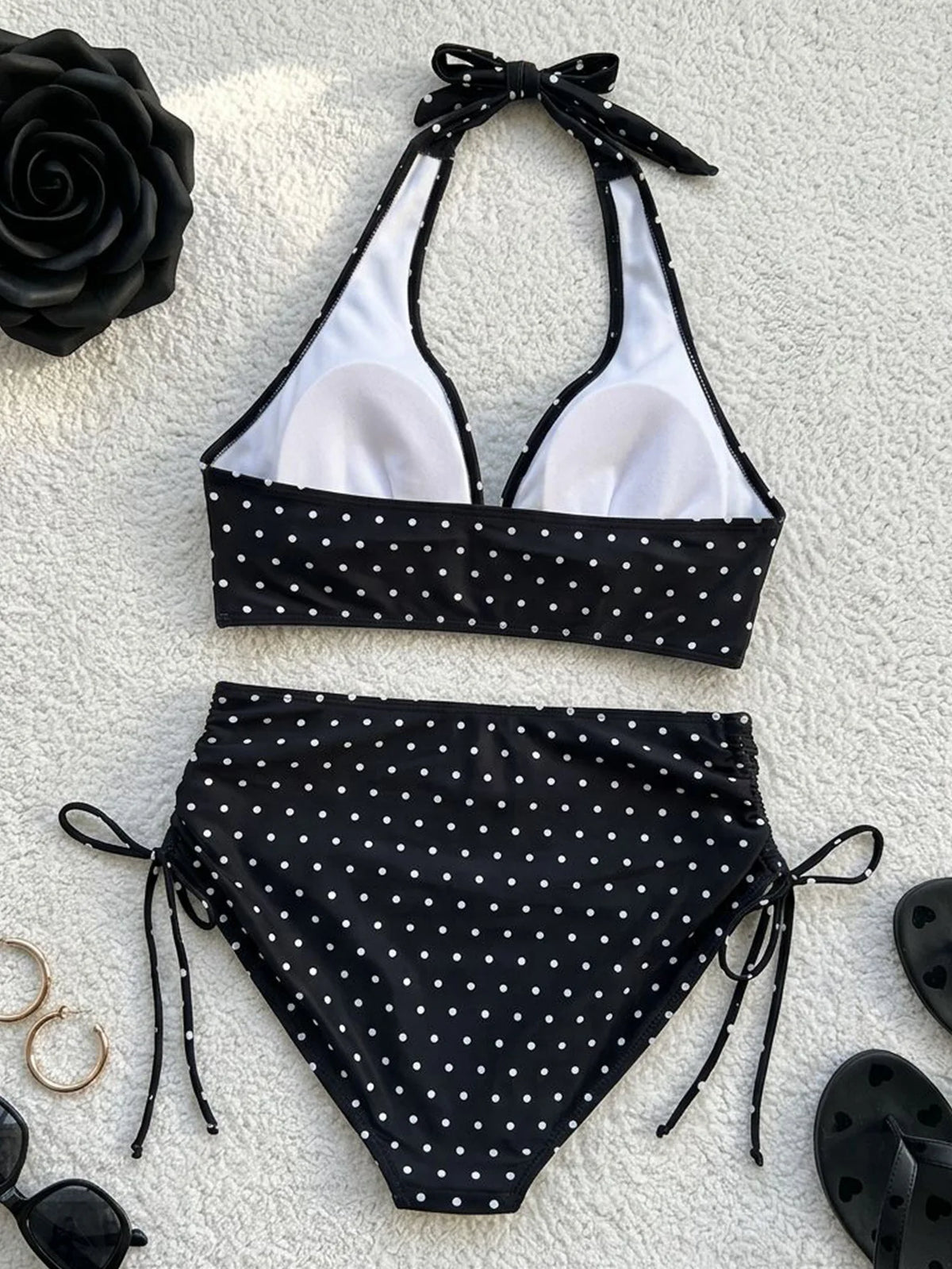 Black Polka Dot Print Bikini Set Women Ruffles V Neck Push Up Bra Drawstring Side High Waist Swimsuit 2026 Bathing Suit Swimwear