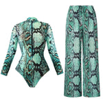 UPF35 Long Sleeved Sunscreen Swimsuit Long Pants Set Women Black Geometry Print Zipper Slim Fit Swimwear Bodysuit Beachwear 2025