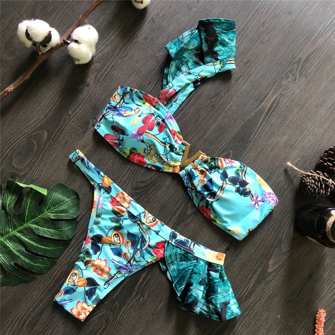 Flower Printed One Shoulder Bikini Women Swimwear Female Swimsuit Frilled Bather Bathing Suit Swim Two-pieces Bikini set K8049