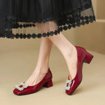 Shallow Mouth Square Toe Rhinestone Square Buckle Single Shoes Women's New Professional Patent Leather Kitten Heel Shoes