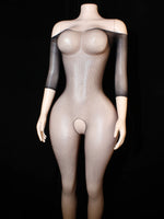 Women Fishnet Bodysuit Off Shoulder One Piece Mesh Body Stocking, Stretchy Black Lingerie with 3/4 Sleeves for Evening Homewear