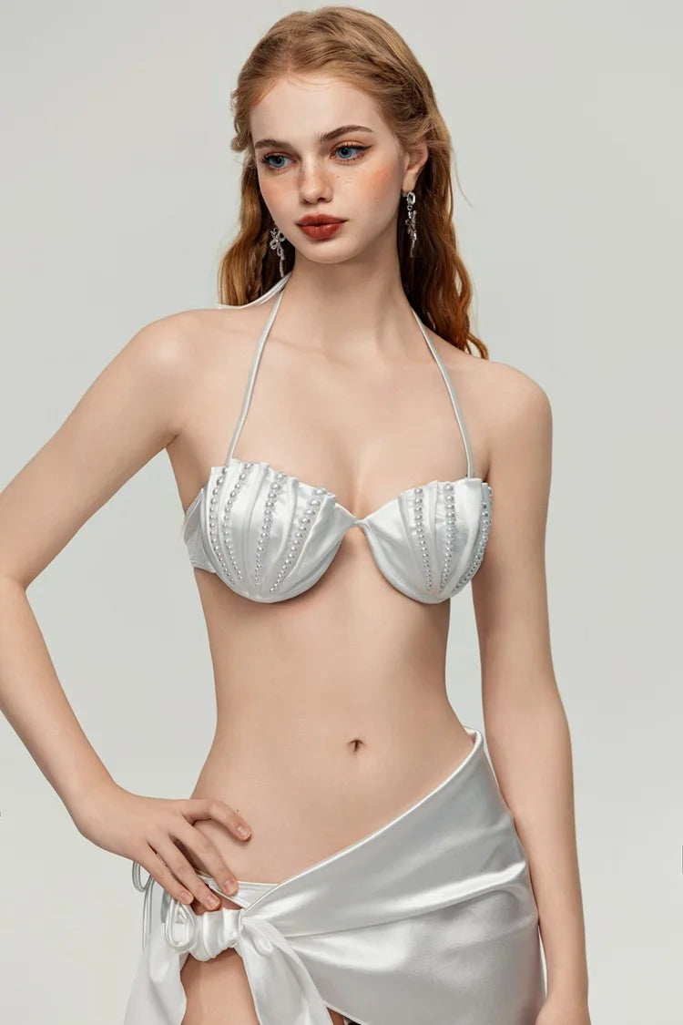 Peals Shell Push Up Bikini Set Women Pink White Underwire Bra Mesh Skirt 3 Piece Swimsuit 2025 Beach Bathing Suit Thong Swimwear