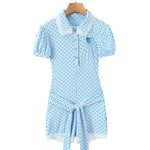 New Pure Desire Casual Style Lace Patchwork Heart Hollow Out Puff Sleeve Polka Dot Belt Jumpsuit Shorts For Woman Charming 6M0J