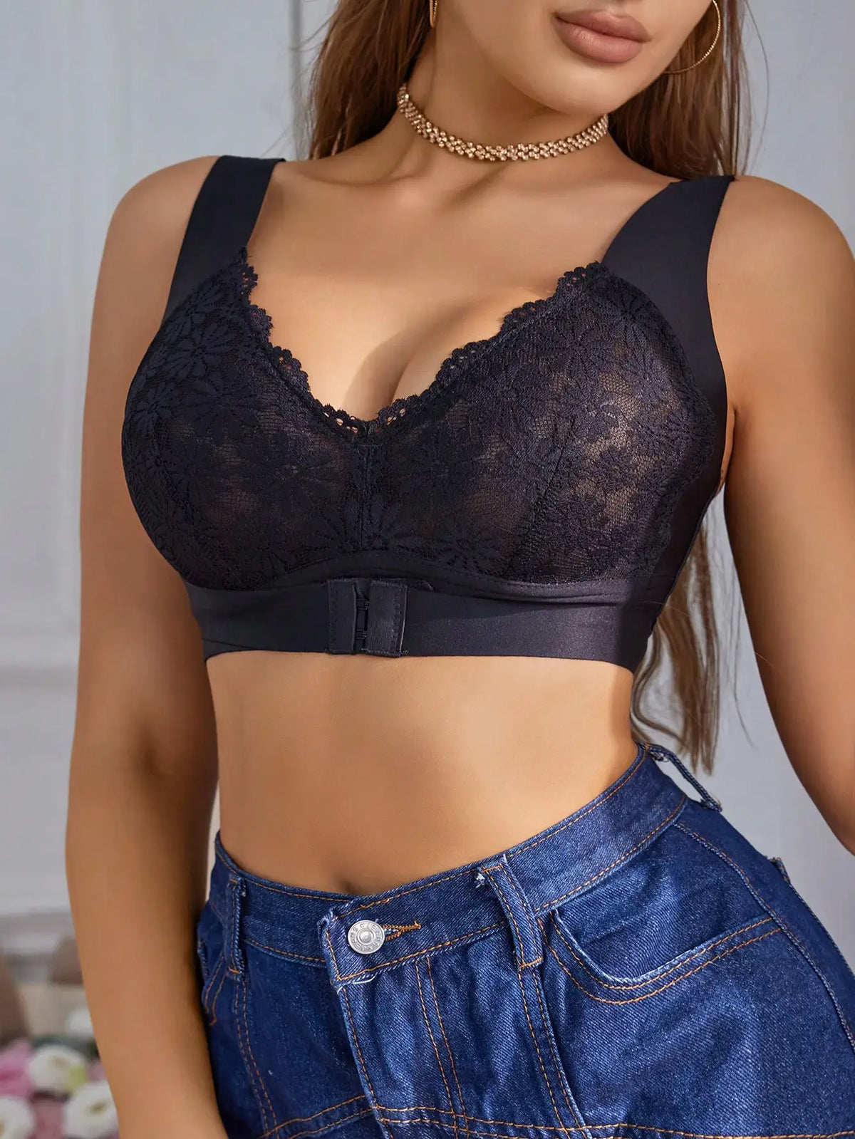 Women Floral Lace Front Closure Bra Wide Shoulder Strap Wireless Brassiere Deep V Breathable Comfort Back Buckle Underwear B2449