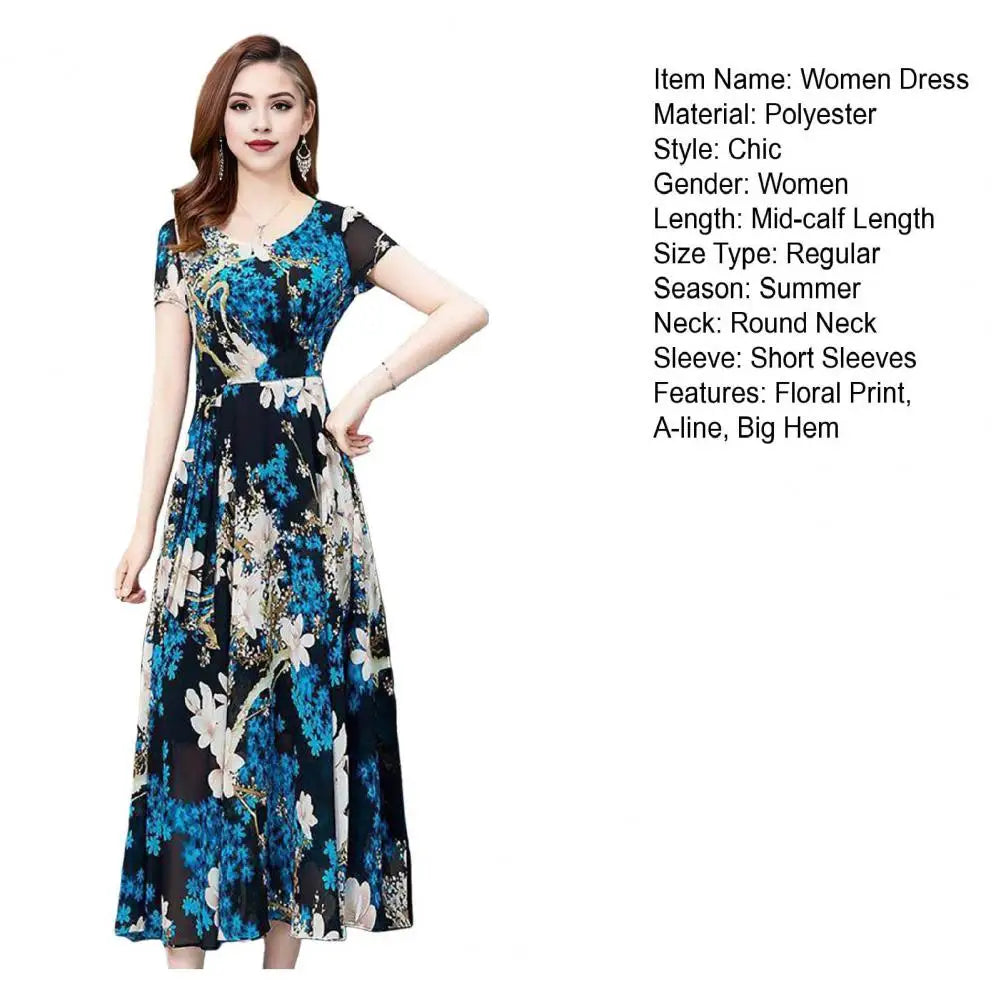 Summer Women Dress Floral Print A-line Big Hem High Waist Short Sleeves Round Neck Pleated Mid-calf Length Party Commute Dress