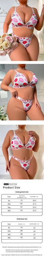 Women's Sexy Lips Print Lingerie Set, French Triangle Cup Bralette & Thong, Plus Size Supportive Side-Smoothing Underwear