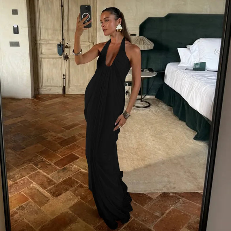 FDYOUI 2026 Summer Backless Ruched White Long Maxi Dress for Woman Elegant Sexy Halter Sleeveless Loose Evening Party Dresses